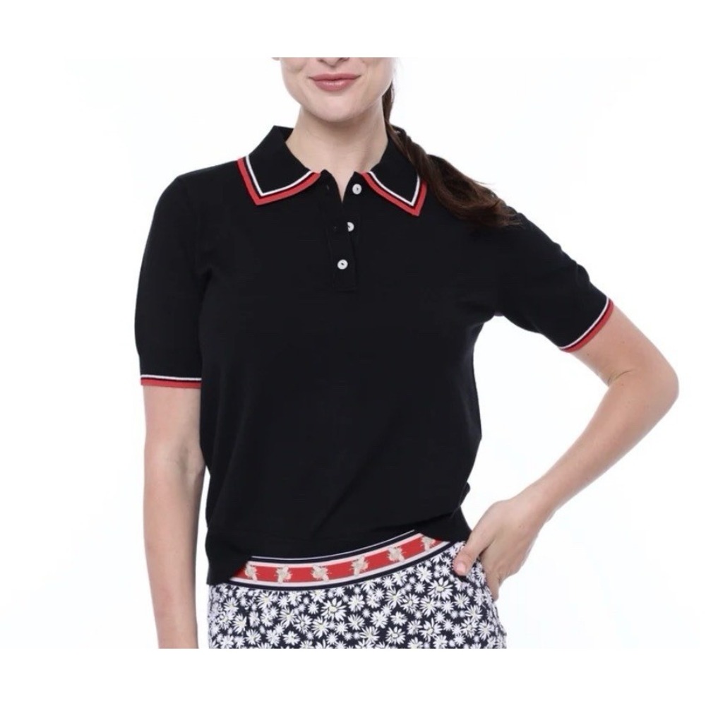 Belyn Key Niecie Short Sleeve Sweater Polo Women's Medium Black White‎ Scarlet